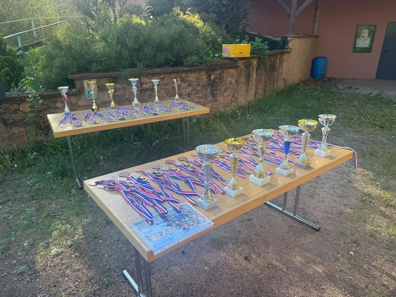 Coupes et médailles disposées sur les tables lors de la remise des prix