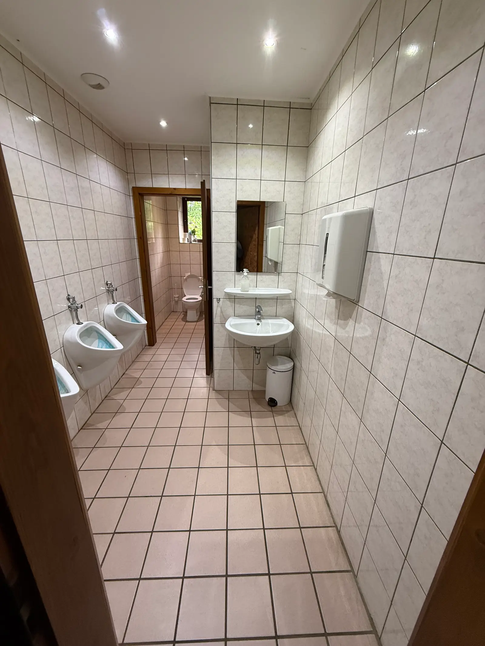 Vue d'ensemble des sanitaires hommes avec fenêtres, lavabos et urinoirs