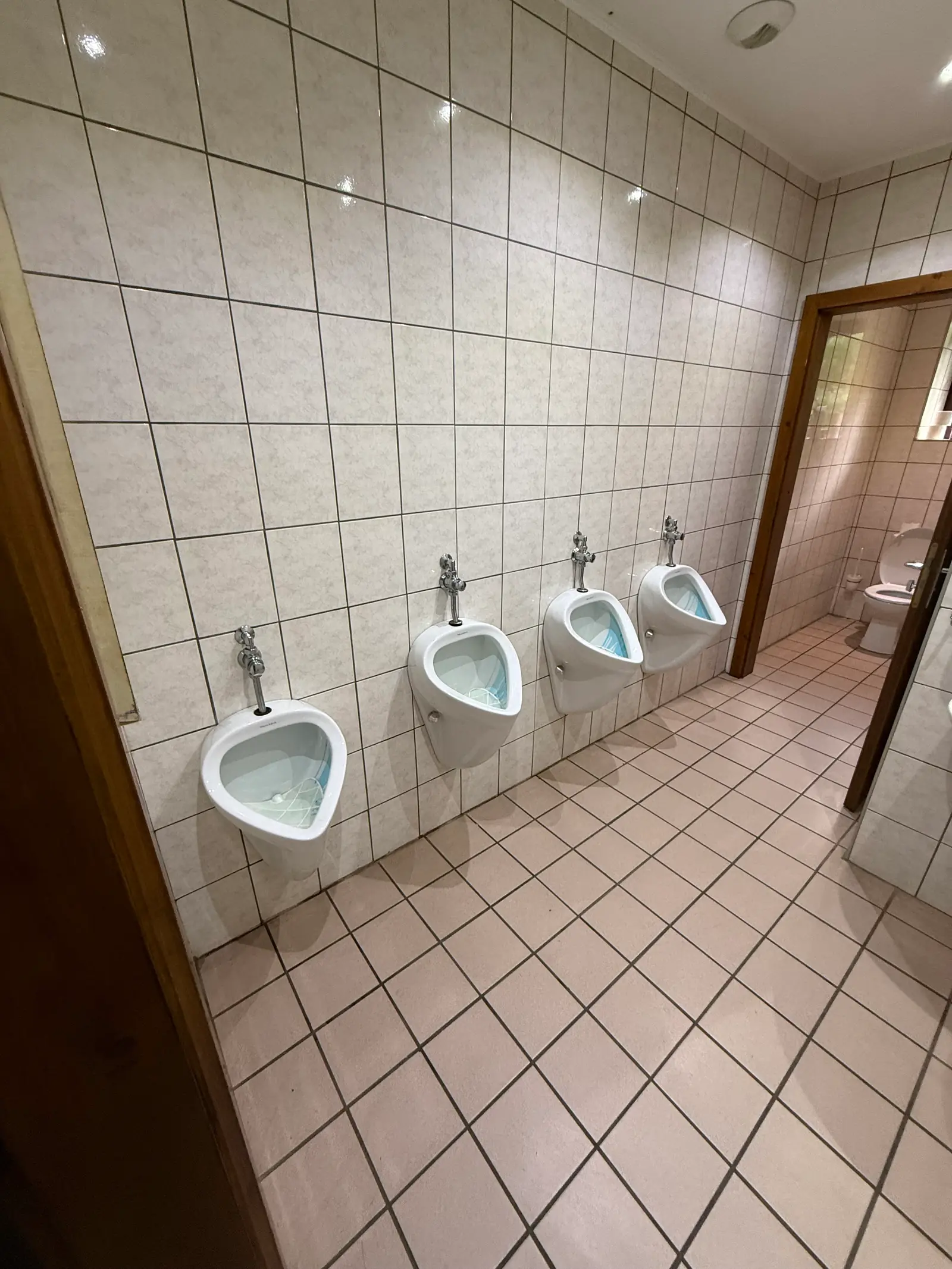 Sanitaires hommes du club avec urinoirs alignés et faïence claire